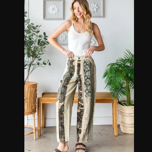 B2410 OLI & HALI Tan Green Print Hippie Harvest Twill Pants